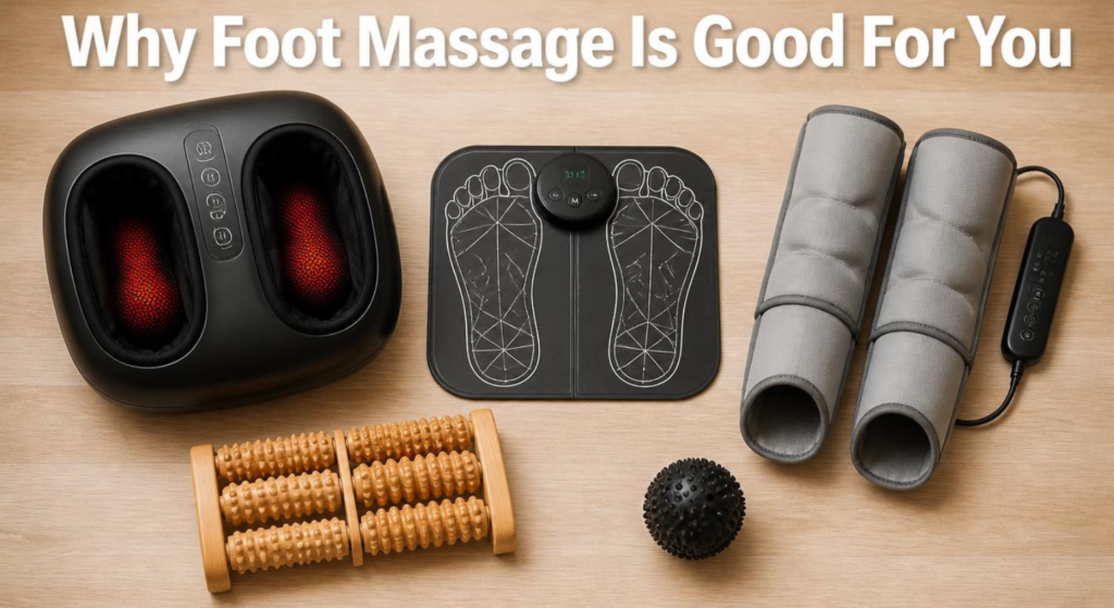 hands massaging the sole of a bare foot at home