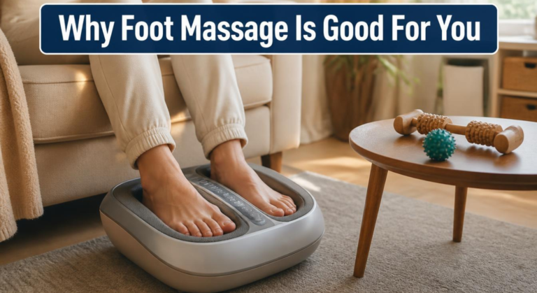 Why foot massage is good for you — multiple foot massager products including shiatsu, EMS, air-compression, and roller massagers